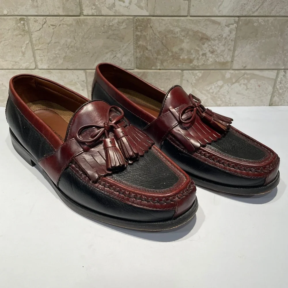 Johnston & Murphy Mens Kiltie Tassel Loafers 9M Black Burgundy Leather‎ 20-0592